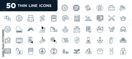 set of most common used 50 web icons in outline style. thin line icons such as e, , microscope, results, ecology, launch, rock vector