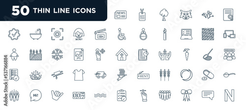 set of most common used 50 web icons in outline style. thin line icons such as press, porn, jpg, physics, wheat, counter, comments vector