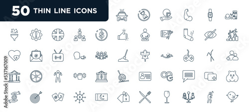 set of most common used 50 web icons in outline style. thin line icons such as police car, usd, public relations, myself, animated, business model, forget vector