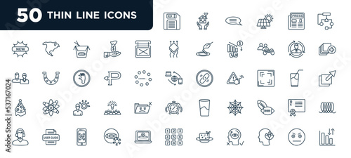 set of most common used 50 web icons in outline style. thin line icons such as diskette, absence, pivot, consequence, spider web, corona mask, serious vector