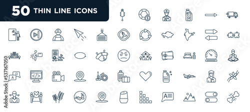set of most common used 50 web icons in outline style. thin line icons such as hydraulic, containers, continuity, camera reel, bleach, food waste, switcher vector