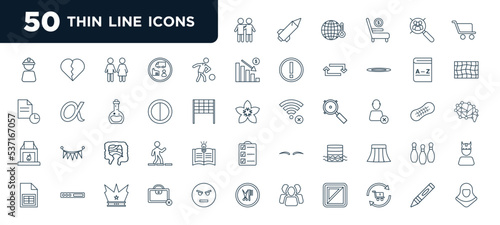 set of most common used 50 web icons in outline style. thin line icons such as brother, football player, half, intestine, data lake, unemployment, crayon vector