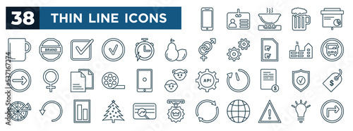 set of most common used web icons in outline style. thin line icons such as cellphone, cup, fruit, transport, tablet, insurance, christmas, attention vector