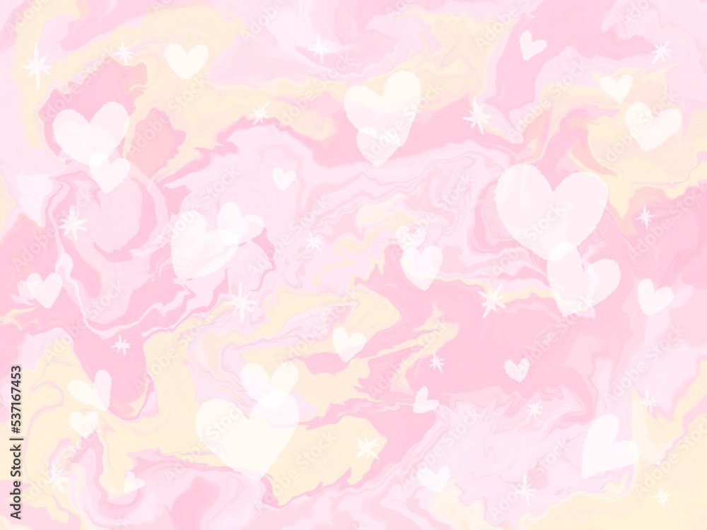 Yumekawa Pink Heart and Marble Pattern Hand Drawn Illustration Background / ゆめかわピンク ハートとマーブル模様 手描きイラストの背景
