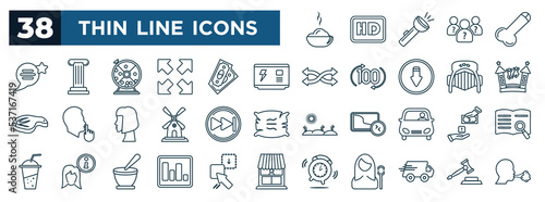 set of most common used web icons in outline style. thin line icons such as foods, testimonial, generator, playing, skip, cash on delivery, poll, delivery truck vector