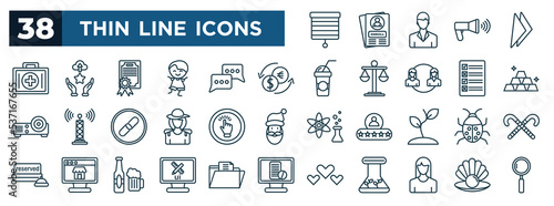 set of most common used web icons in outline style. thin line icons such as blinds, first aid kit, exchange rate, golden, hover, ladybug, ui de, user name vector