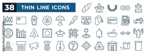 set of most common used web icons in outline style. thin line icons such as surfing, plot, journalist, fireman, clown, dumbell, gold medal, data warehouse vector