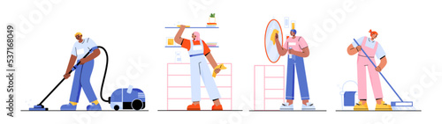 Set of flat characters cleaning home. Vector illustration of happy men and women vacuuming, mopping floor, dusting furniture, washing and wiping mirror. Household activities. Housekeeping chores