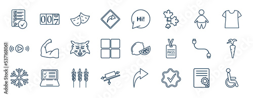 set of most common used web icons in outline style. thin line icons such as validation, shortcut, fat, arm, lemon, carrot, wheat, verify vector.