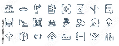 set of most common used web icons in outline style. thin line icons such as street, reporting, option, crane, contributor, trees, deliver, diary vector.