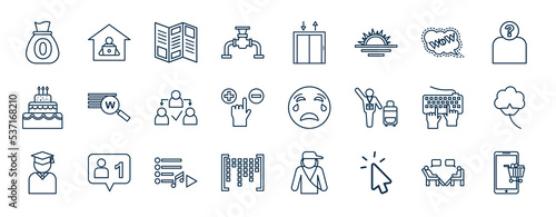 set of most common used web icons in outline style. thin line icons such as zero, pipeline, wow, words, cry, cotton, playlist, mouse cursor vector.