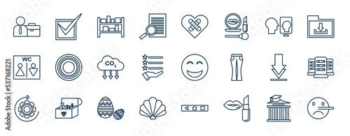 set of most common used web icons in outline style. thin line icons such as employment, transparency, self, red circle, happiness, servers, easter, lipstick vector.