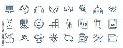 set of most common used web icons in outline style. thin line icons such as spreadsheet, wings, governance, data center, grandfather, txt, sweet, station vector.