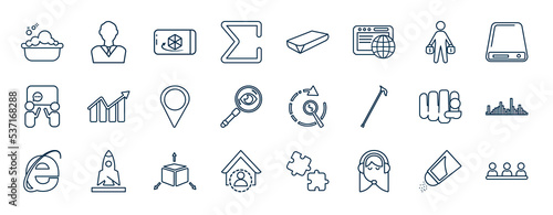 set of most common used web icons in outline style. thin line icons such as washing, sum, buyer, charts, payroll, noise, cad, assistant vector.