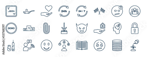 set of most common used web icons in outline style. thin line icons such as json, 24 hours, confused, podium, devil, locker, happy face, tired vector.
