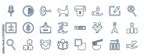 set of most common used web icons in outline style. thin line icons such as recorder, cats, actions, dollars, http, sucess, web service, noodle vector.