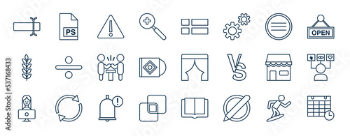 set of most common used web icons in outline style. thin line icons such as rename, zoom in, navigation drawer, division, curtain, user experience, notify, author vector.