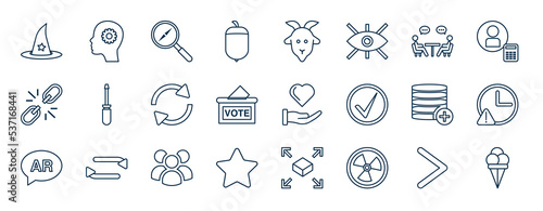 set of most common used web icons in outline style. thin line icons such as witch, nuts, negotiation, screwdriver, welfare, delay, many, nuclear vector.