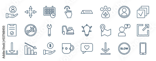 set of most common used web icons in outline style. thin line icons such as customer care, hand cursor, profile picture, no smoking, hint, external link, sponsor, under vector.