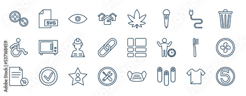 set of most common used web icons in outline style. thin line icons such as textile, houses, wire, microwave, widgets, ventilation, actor, materials vector.