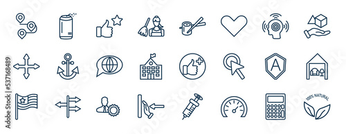 set of most common used web icons in outline style. thin line icons such as journey, cleaner, awareness, port, advantage, interior, role, gauge vector.
