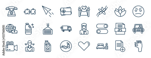 set of most common used web icons in outline style. thin line icons such as old phone, giftcard, hop, bleach, flight attendant, car driver, diesel, hotel room vector.