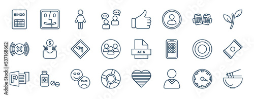 set of most common used web icons in outline style. thin line icons such as bingo, consultancy, pub, contribution, apk, packet, emotional, personnel vector.