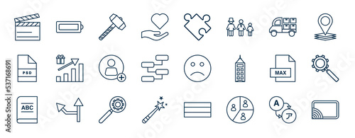 set of most common used web icons in outline style. thin line icons such as scene, giving, freight, incentive, unhappy, search engine optimization, advanced, segmentation vector.