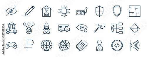 set of most common used web icons in outline style. thin line icons such as hide password, eletronic, guardian, viral, tears, archer, network, business person vector.