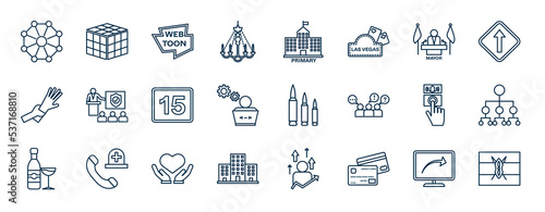 set of most common used web icons in outline style. thin line icons such as dependency, chandelier, mayor, briefing, ammo, org chart, sympathy, payment card vector.