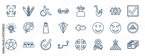 set of most common used web icons in outline style. thin line icons such as kyc, optical, team leader, pallete, compatibility, ex, completion, customized vector.