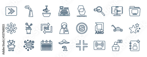 set of most common used web icons in outline style. thin line icons such as greater than, cash hine, authorize, flowerpot, letter s, yellow star, weekly, go live vector.