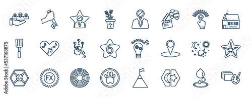 set of most common used web icons in outline style. thin line icons such as provide, flower pot, ease, tune, invention, starfish, inflammation, aeria vector.