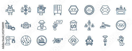 set of most common used web icons in outline style. thin line icons such as robo, shelves, scotland, burguer, compost, s, histogram, fire truck vector.