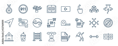 set of most common used web icons in outline style. thin line icons such as bronze, novel, building blocks, project plan, measuring tape, antibacterial, abacus, throw vector.