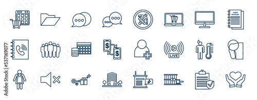 set of most common used web icons in outline style. thin line icons such as webshop, bubble chat, computer screen, many people, user add, shoulder, redeem, punishment vector.
