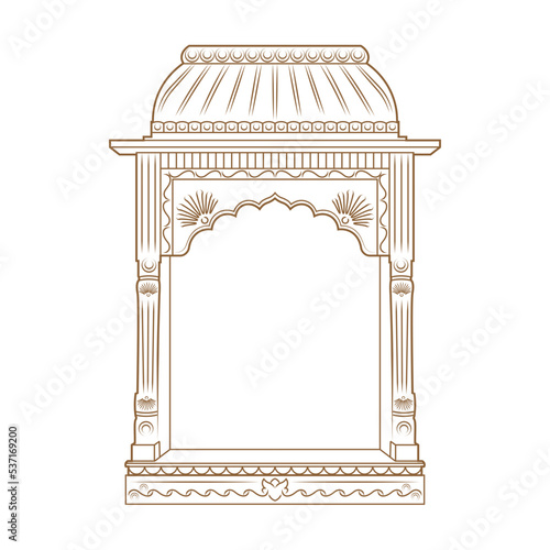 Jharokha vector illustration. Window architecture illustration. Jharokha illustration. Line art arch illustration. Antique wooden frame. Rajasthani Jharokha vector.