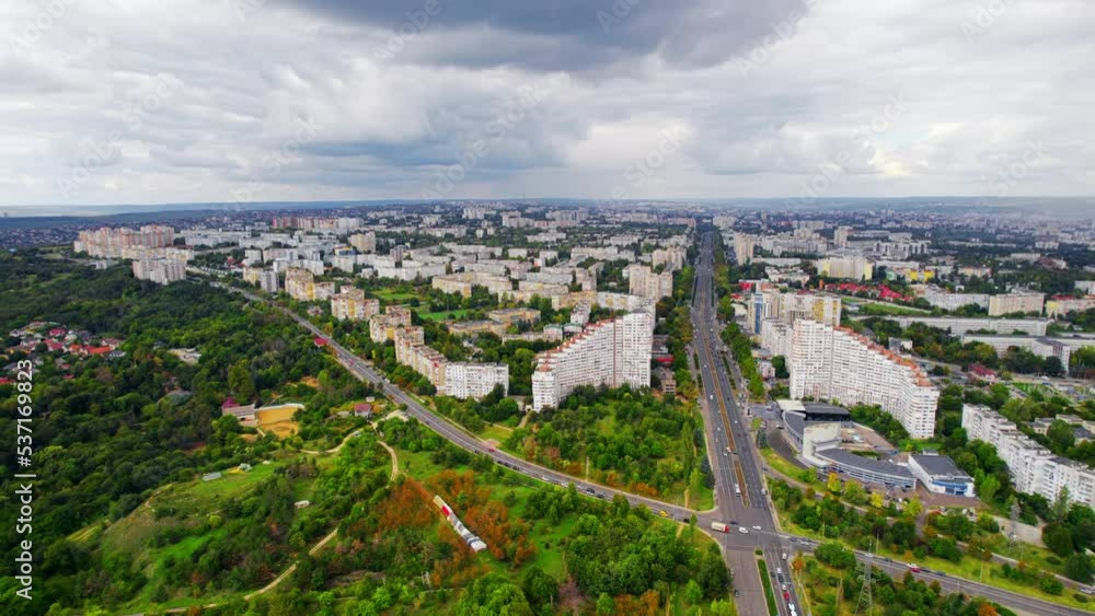 Aerial drone view of Chisinau, Moldova. View of residential district with City Gates, multiple buildings, roads, lush greenery Aerial drone view of Chisinau, Moldova. View of residential district with City Gates, multiple buildings, roads, lush greenery