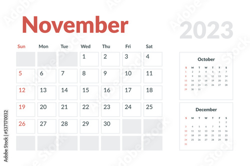 Calendar Template of november 2023. Vector layout simple calendar with week start sunday. photo