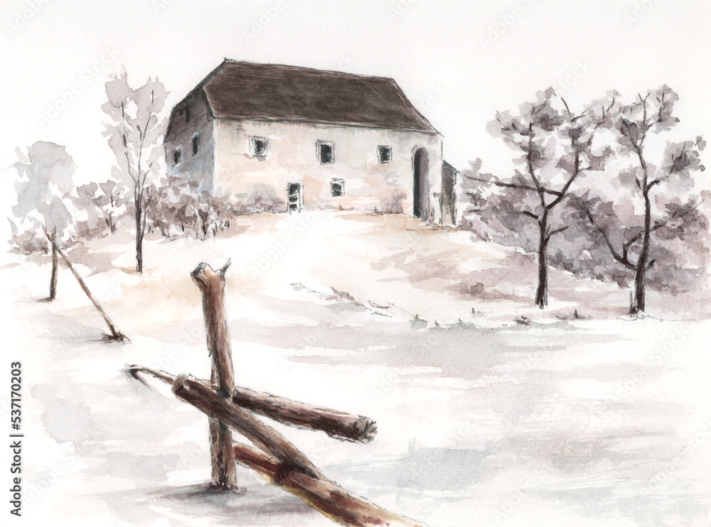 Ancient building on hill. Watercolor on paper. Ancient building on hill. Watercolor on paper.
