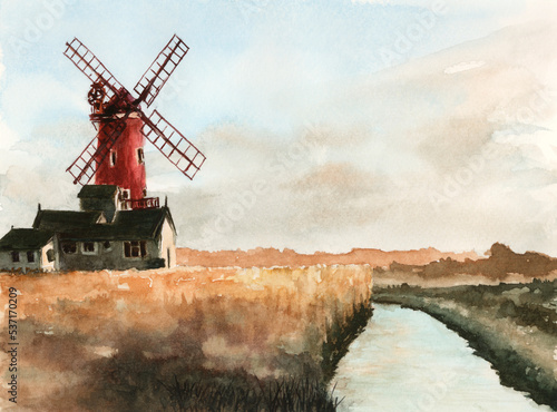 Landscape with red windmill and canal. Watercolor on paper. photo