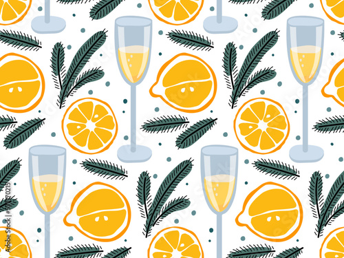 Christmas Seamless pattern with champagne glass, spruce twig, orange fruit. Template for holiday menu, fabric and wrapping paper. Repeated background for textile, fabric, paper, wallpaper, packaging.