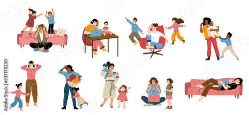 Set of tired mothers with children. Flat vector illustration of exhausted women working home  doing household duties  suffering headache  noisy kids playing around. Housewife overloaded with duties