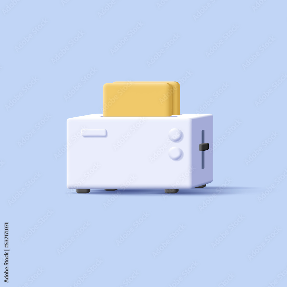 White 3d toaster with bread, render cartoon style illustration