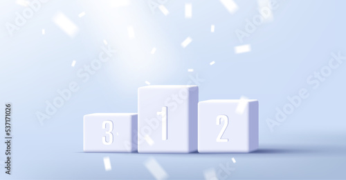 3d White podium winners, firs second and third place with spotlight and confetti