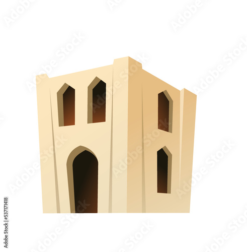 Arab clay hut. Middle Eastern adobe dwelling. Africa and Asia traditional house. Isolated on white background Vector.