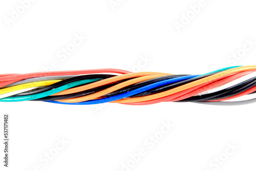 multi colored wires cable of usb and adapter into a curve or angle.isolated on white background.Electronic Connector.Selection focus.