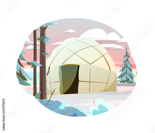 Yurt in tundra. Dwelling of northern nomadic peoples in Arctic. From felt and skins. Isolated on white background. Illustration vector.