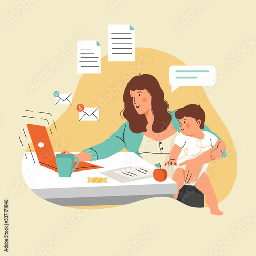 Mother with child working on the Laptop from Home. Female Freelance Worker with child at workplace. Online job, motherhood concept. Flat vector illustration.