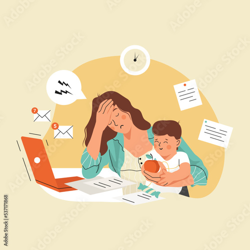 Tired Mom trying to Work, holding baby in her arms. Professional Mom, maternity and job. Flat vector illustration.